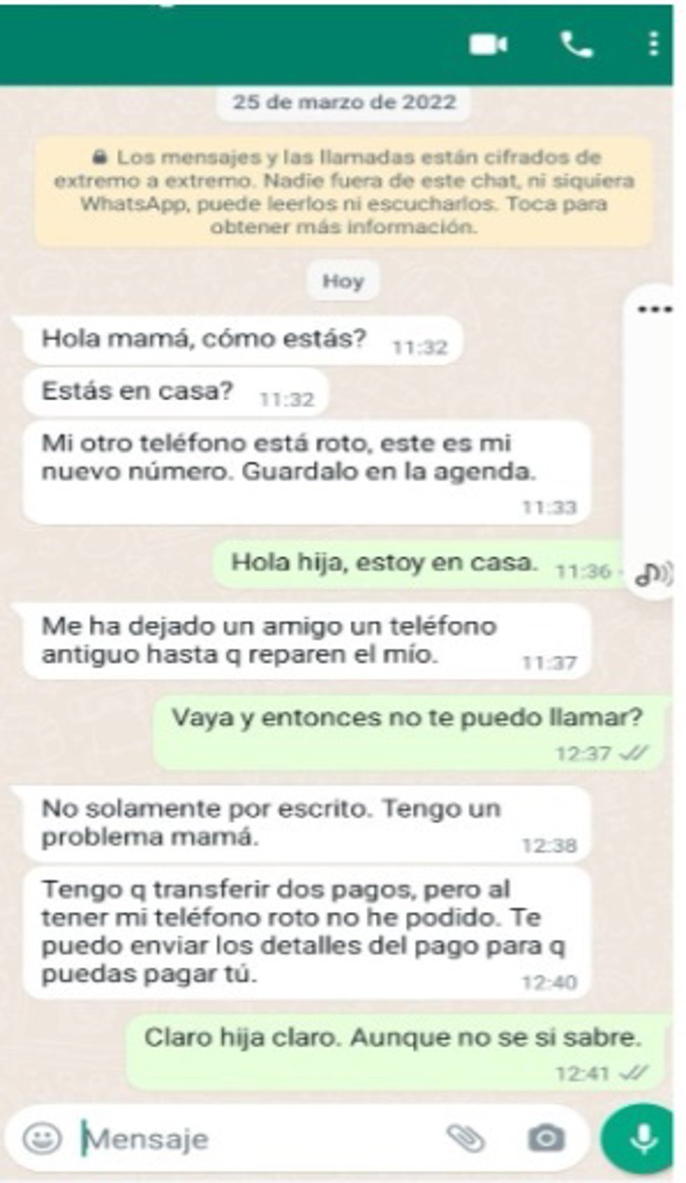 Captura de una estafa de la modalidad 'hijo en apuros'