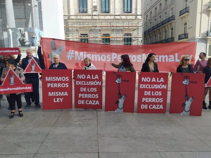 Organizaciones de bienestar animal exigen al PSOE frente al Congreso de los Diputados que retiren la enmienda que excluye a los perros de caza del proyecto de ley de protección, derechos y bienestar animal que se tramita en las Cortes Generales.