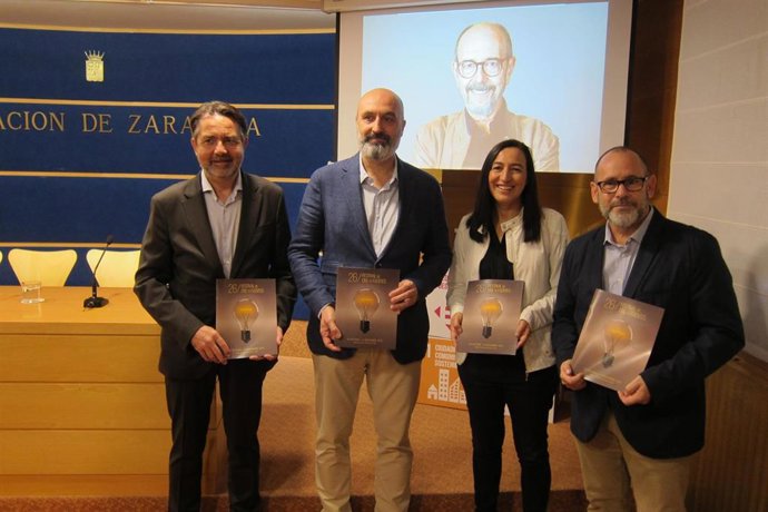 Francisco Querol (CARTV), Víctor Lucea (Gobierno de Aragón), Cristina Palacín (Diputación de Zaragoza) y director del festival, José Antonio Aguilar, presentan la 26 edición del Festival de Cine de Fuentes.
