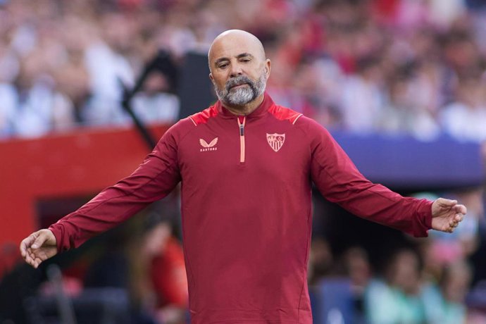 Jorge Sampaoli, head coach of Sevilla FC, gestures during the UEFA Champions League, Group  G, match between Sevilla FC and FC Copenhague at Estadio Ramon Sanchez Pizjuan on October 25, 2022 in Sevilla, Spain.