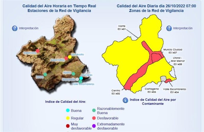 Mapa de la Red de Vigilancia de la Calidad del Aire Región de Murcia