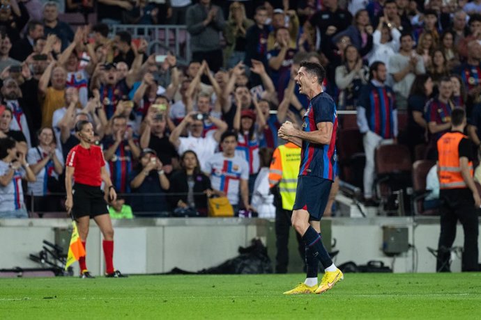 Robert Lewandowski of FC Barcelona celebrating the third goal during the spanish league, La Liga Santander, football match played between FC Barcelona and Villarreal CF at Spotify Camp Nou stadium on October 20, 2022, in Barcelona, Spain.