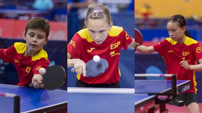 Los jugadores españoles de tenis de mesa Roger Quesada, Renata Shypsa y Jiaqi Guo.