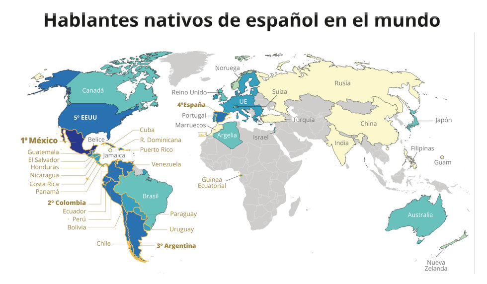 Mapa que representa los hablantes nativos de español en el mundo, con cifras del anuario del Instituto Cervantes correspondientes a 2022