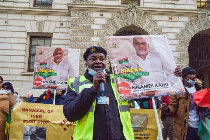 Archivo - Manifestación en Londres para reclamar la independencia de Biafra y la liberación de Nnamdi Kanu, líder del grupo separatista Pueblo Indígena de Biafra.