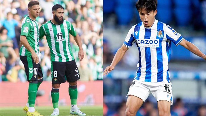 Los jugadores del Real Betis Joaquín Sánchez y Nabil Fekir (izquierda), y el futbolista de la Real Sociedad Takefusa Kubo.