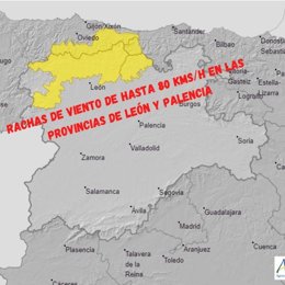 Mapa difundido por el 112 con el aviso de las rachas de viento previstas en la jornada de este jueves, 27 de octubre
