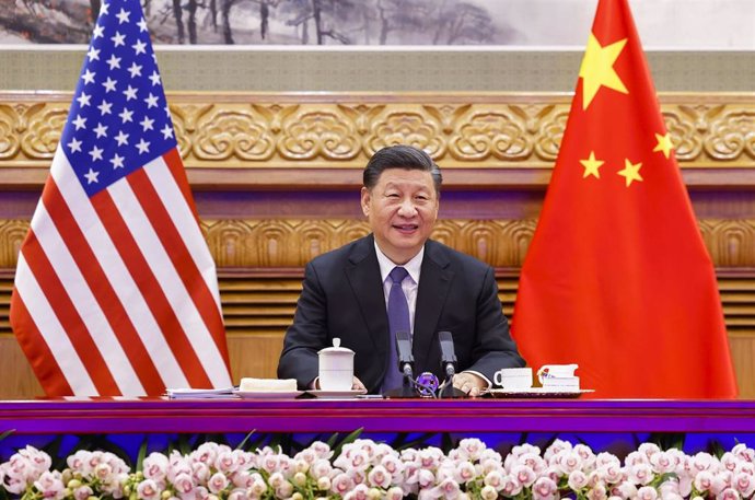 Archivo - El presidente de China, Xi Jinping, durante un encuentro por videoconferencia con su homólogo estadounidense, Joe Biden