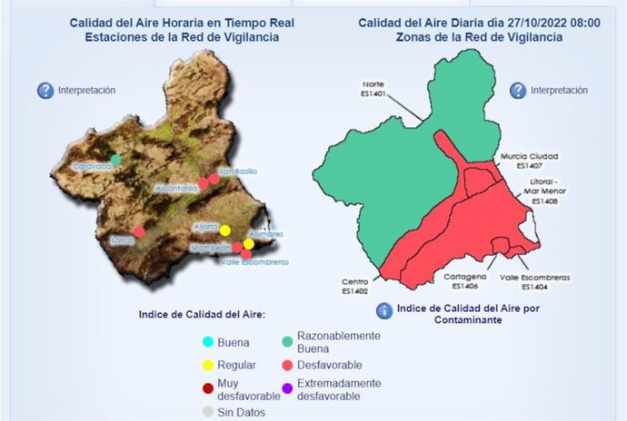 Mapa de la Red de Vigilancia de la Calidad del Aire Región de Murcia