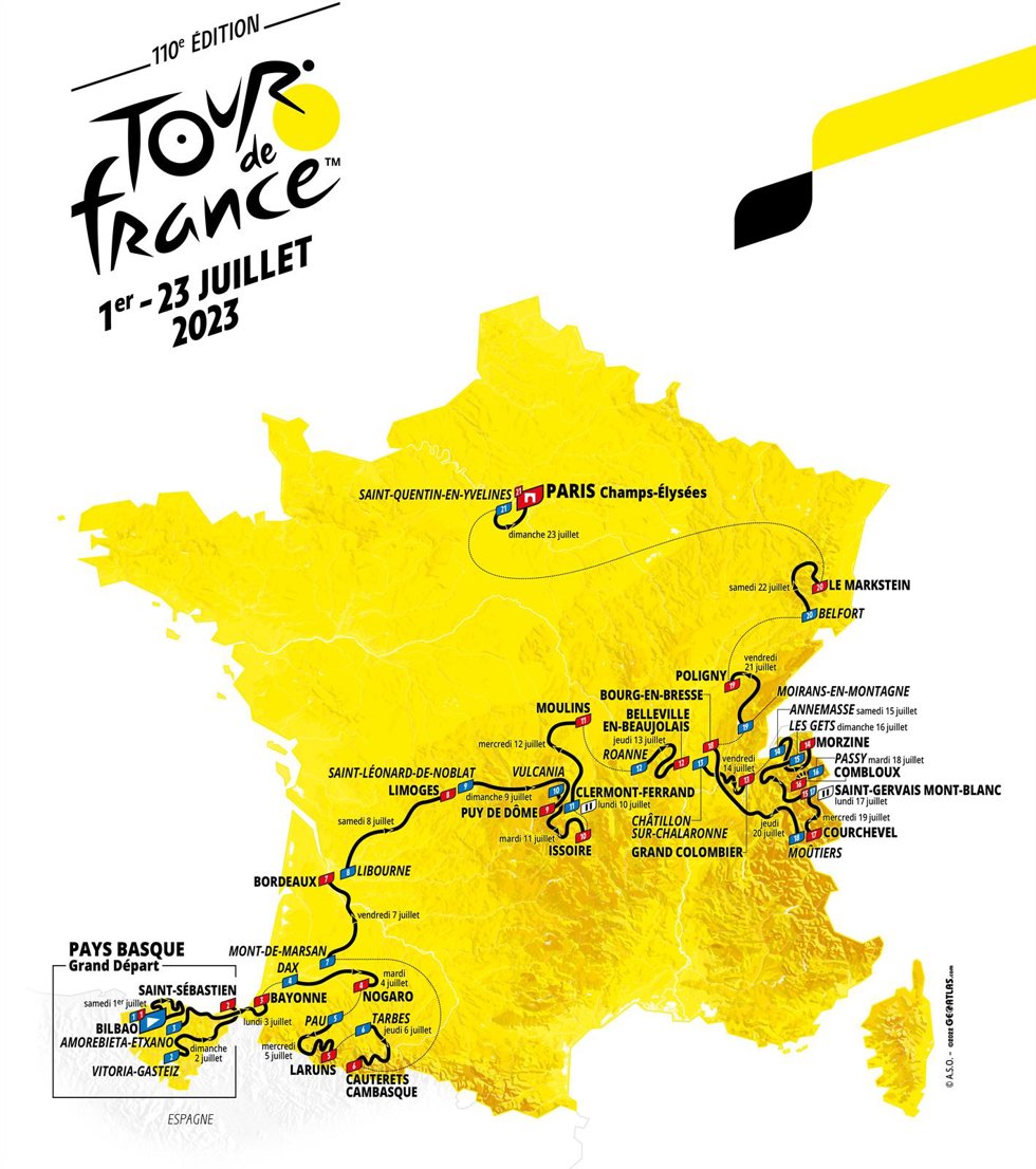 Mapa del recorrido del Tour de Francia de 2023.