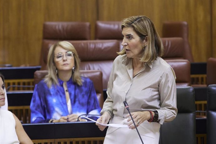 La consejera de Empleo, Empresas y Trabajadores Autónomos de la Junta de Andalucía, Rocío Blanco, responde a una pregunta oral sobre el SAE durante la segunda jornada del Pleno del Parlamento andaluz en el Parlamento de Andalucía, a 27 de octubre de 202