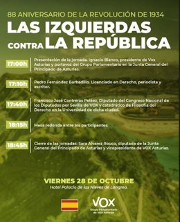 Cartel de la jornada titulada 'Las izquierdas contra la República, 88 Aniversario de la Revolución de 1934.