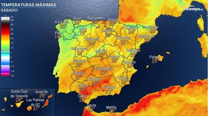 Temperaturas máximas previstas en España para este sábado 29 de octubre
