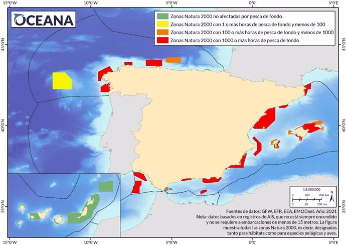Mapa que muestra la intensidad pesquera de arrastre de fondo dentro de las áreas Natura 2000 marinas españolas en 2021