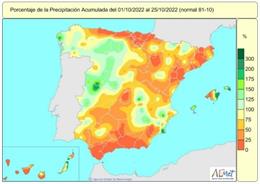 Mapa de lluvias recogidas en España del 1 al 25 de octubre.