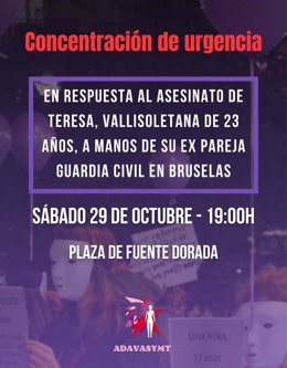 Cartel de la convocatoria de concentración para este sábado en repulsa por el asesinato de la vallisoletana a manos de su expareja.