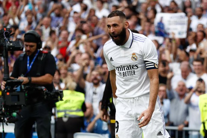 Karim Benzema of Real Madrid celebrates a goal nullified by VAR during the spanish league, La Liga Santander, football match played between Real Madrid and FC Barcelona at Santiago Bernabeu stadium on October 16, 2022, in Madrid, Spain.
