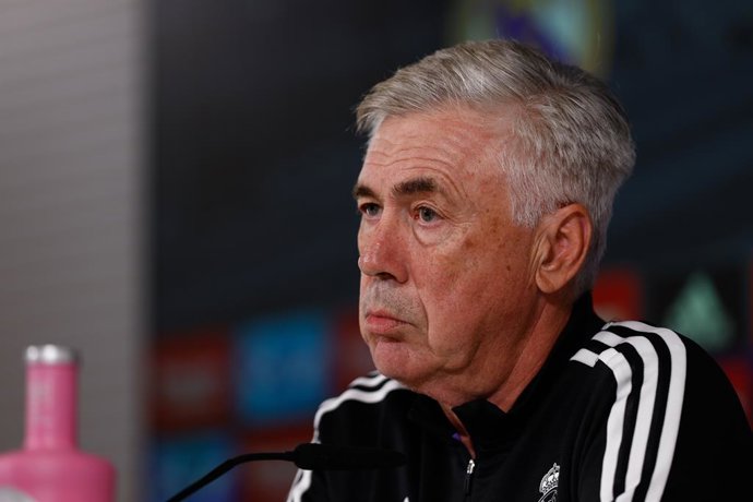 Carlo Ancelotti, head coach of Real Madrid, attends his press conference after the training session before the spanish league, La Liga Santander, football match to play against FC Barcelona at Ciudad Deportiva Real Madrid on October 15, 2022, in Valdebe