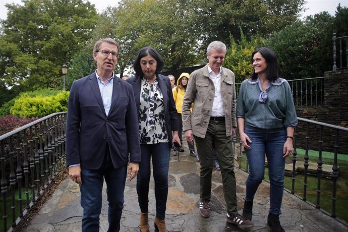 O presidente do Partido Popular, Alberto Núñez Feijóo, a candidata á alcaldía de Lugo, Elena Candia, o líder do PP de Galicia e presidente da Xunta, Alfonso Rueda, e a secretaria xeral do Partido Popular de Galicia, Paula Prado. Lugo.