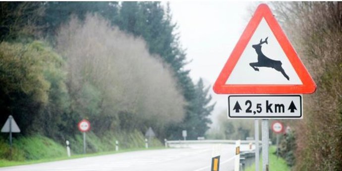 Archivo - Una señal de tráfico indicando la existencia de animales sueltos.