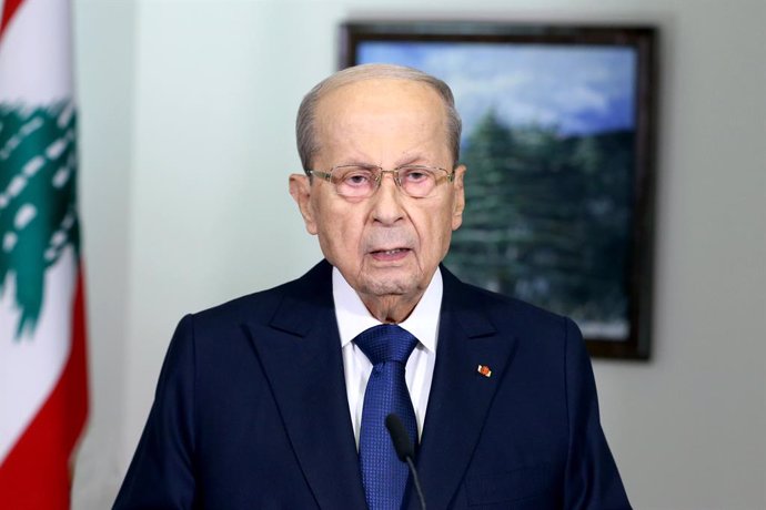 HANDOUT - 13 October 2022, Lebanon, Baabda: Lebanese president Michel Aoun addresses a speech on the maritime border agreement between Lebanon and Israel in the presidential palace. Photo: -/Dalati & Nohra/dpa - ATTENTION: editorial use only and only if