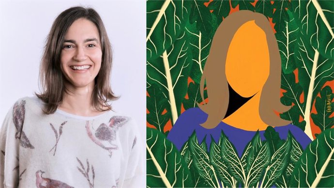 La investigadora de la UPNA Idoia Áriz junto con la ilustración de 'Científicas Ilustradas' del mes de noviembre.