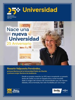 Una de las imágenes que podrá verse en la exposición de mupis en la avenida de la Constitución, con una foto de la rectora de la UPO, Rosario Valpuesta.