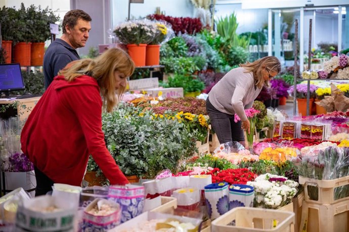 Dues dones observen varietats de rams de flors amb motiu del dia de Tots Sants a Mercabarna, a 25 d'octubre del 2022, Barcelona, Catalunya (Espanya)