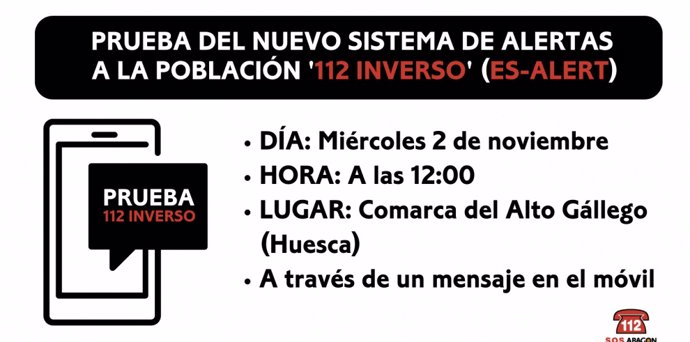 La prueba del nuevo sistema de alertas a la población 112 inverso se realizará el 2 de noviembre en la comarca del Alto Gállego.