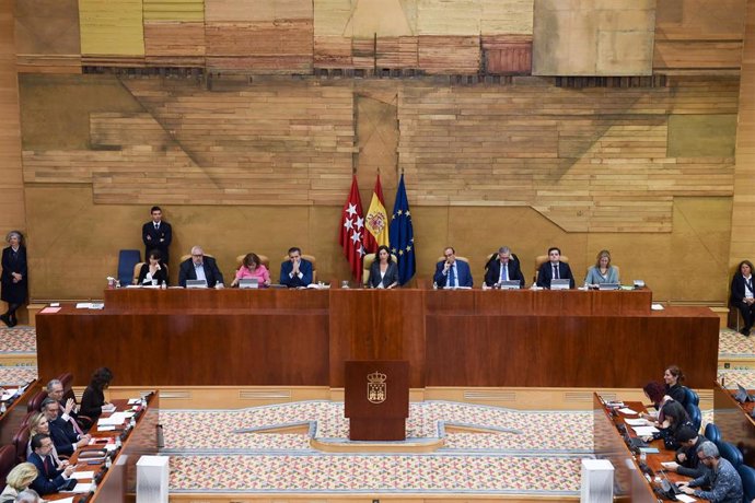 La presidenta de la Asamblea de Madrid, Eugenia Carballedo (c), preside el pleno en la Asamblea de Madrid, a 20 de octubre de 2022, en Madrid (España). El Pleno de la Asamblea de Madrid centra su debate en la reapertura de los Servicios de Urgencias de 