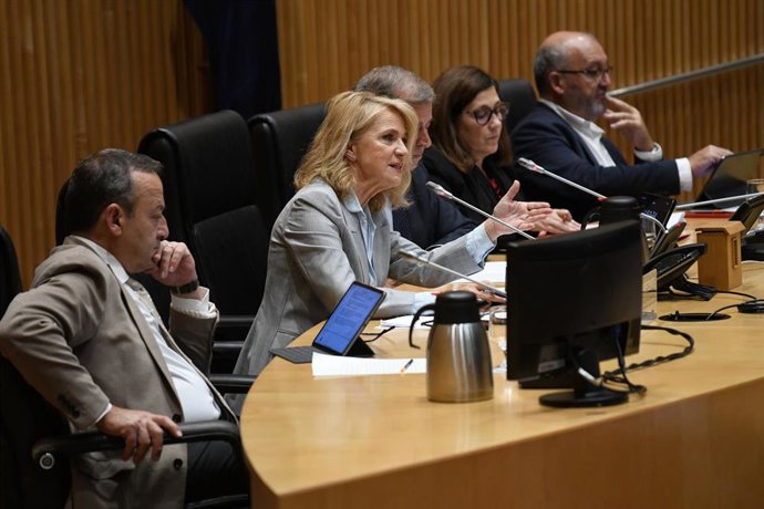 El presidente de la Comisión, Antonio José Cosculluela (1i); la presidenta interina del Consejo de Administración de la Corporación RTVE, Elena Sánchez, y el diputado del PSPV-PSOE en el Congreso por la provincia de Valncia, Vicent Sarri (3d), en la C