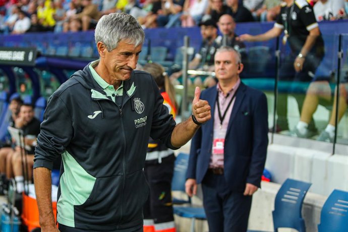 Quique Setien, head coach of Villarreal, gestures during the UEFA Conference League, football match played between Villarreal CF and Hapoel Beer-Sheva at the Ciutat Valencia Stadium on October 27, 2022, in Valencia, Spain.