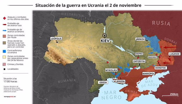 Mapa con la situación de la guerra en Ucrania el 2 de noviembre (Estado a las 17:00 horas). El Ministerio del Interior de Ucrania ha elevado a 23 las cámaras de tortura descubiertas en la región de Járkov, ubicada en el noreste del país, a medida que ha
