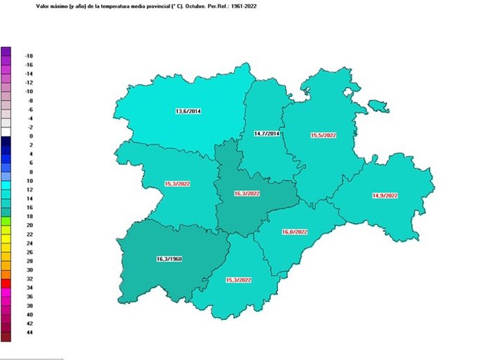 Mapa elaborado por la Aemet sobre el valor medio de temperaturas registradas en octubre