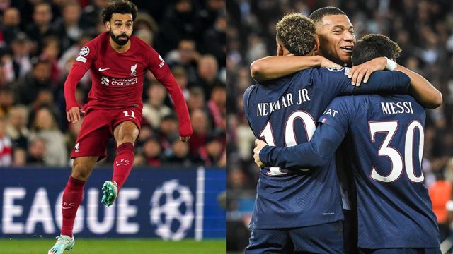 El futbolista del Liverpool Mohamed Salah (izquierda) y los jugadores del PSG Neymar Jr, Kylian Mbappé y Leo Messi.