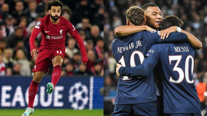 El futbolista del Liverpool Mohamed Salah (izquierda) y los jugadores del PSG Neymar Jr, Kylian Mbappé y Leo Messi.