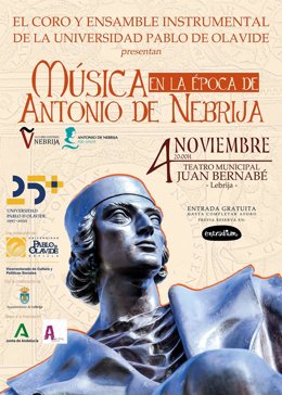 Cartel anunciador del concierto de la UPO en Lebrija con motivo del V centenario de la muerte de Elio Antonio de Nebrija.
