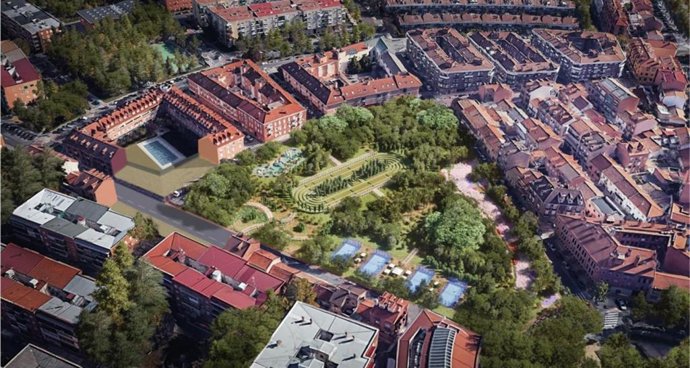 Proyección de la zona verde que se desplegará en la zona derribada en San Fernando de Henares por problemas de la Línea 7B de Metro de Madrid.