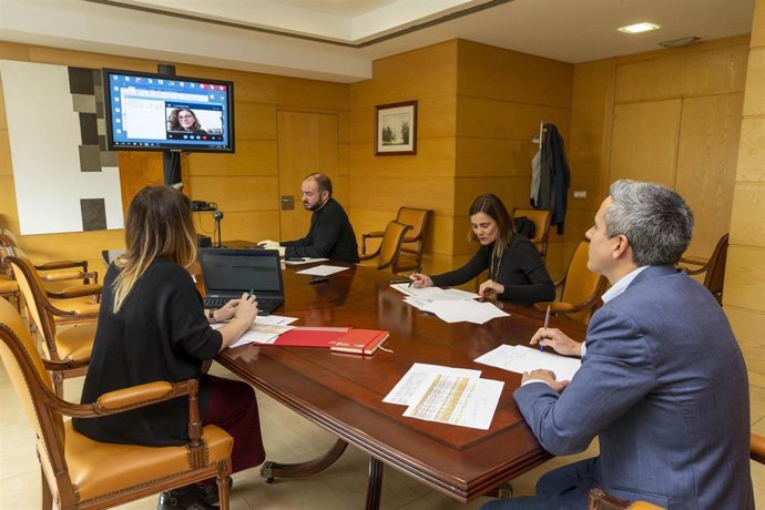 Archivo - El vicepresidente de Cantabria, Pablo Zuloaga, y la consejera de Acción Exterior, Paula Fernández, en una videoconferencia con la Delegación del Gobierno en foto de archivo