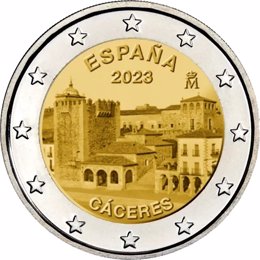 Imagen de la moneda de dos euros que se dedicará a Cáceres y que se acuñará en 2023