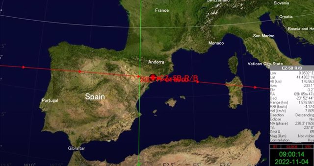 Trayectoria sobre España de los restos del cohete chino
