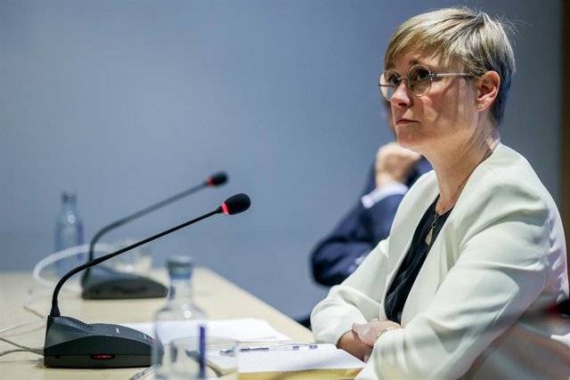 La CEO de Iberboard y vicepresidenta de la patronal catalana Foment del Treball, Virginia Guinda, interviene este viernes durante la presentración de su candidatura a la CEOE.