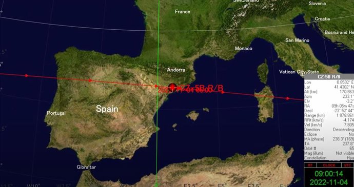 Trajectria sobre Espanya de les restes del coet xins