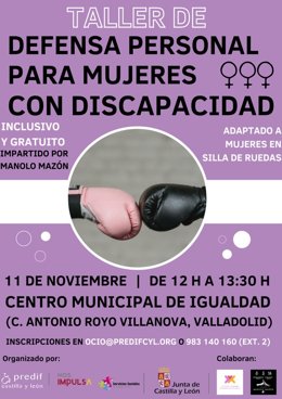 Cartel de la actividad organizada por PREDIF sobre defensa personal para mujeres con discapacidad.