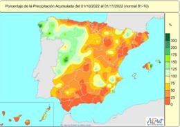 La mayor parte de España ha registrado menos lluvias de lo normal durante el primer mes del año hidrológico 2022-2023.
