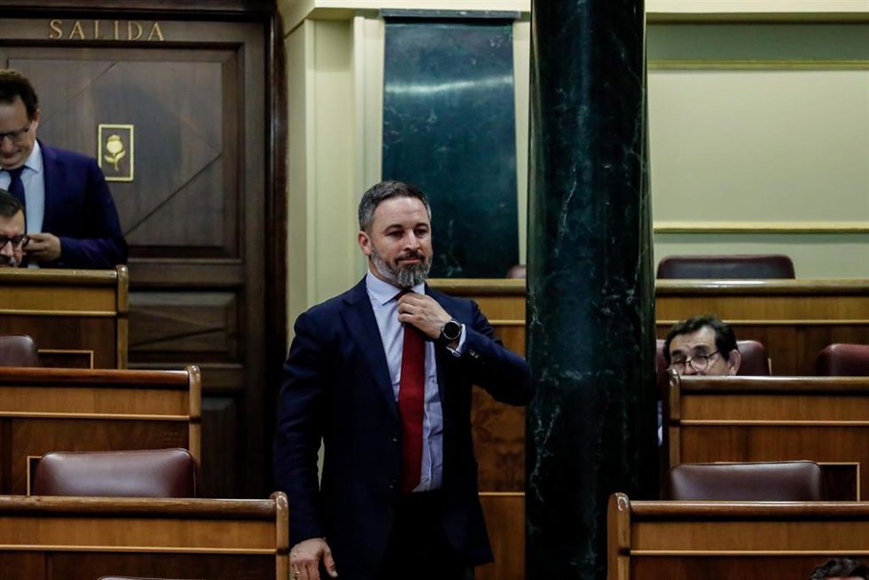 El presidente de Vox, Santiago Abascal, durante una sesión plenaria en el Congreso de los Diputados.