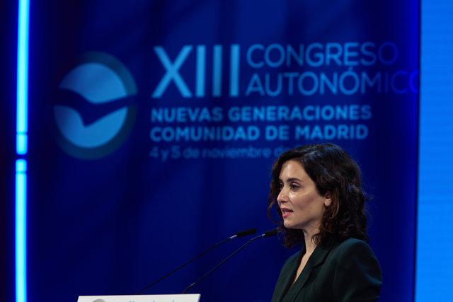 La presidenta de la Comunidad de Madrid y del PP de Madrid, Isabel Díaz Ayuso, interviene durante el acto de clausura del XIII Congreso Autonómico Extraordinario de Nuevas Generaciones del PP