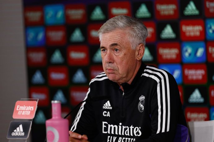 Carlo Ancelotti, head coach of Real Madrid, attends his press conference after the training session before the spanish league, La Liga Santander, football match to play against FC Barcelona at Ciudad Deportiva Real Madrid on October 15, 2022, in Valdebe