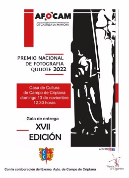 Cartel de la entrega de los premios del Certamen Nacional de Fotografía "Quijote", que anualmente convoca la Asociación de Fotógrafos Profesionales de Castilla La Mancha ( AFOCAM )