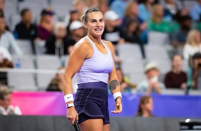 Aryna Sabalenka of Belarus in action during the third round-robin match at the 2022 WTA Finals Fort Worth tennis tournament against Jessica Pegula of the United States